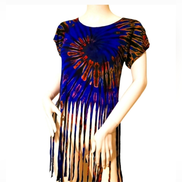 TIE DYE Rayon Stretch Fringe Crop S/S Top-***4 Colors Avail.***O/S - Picture 4 of 8